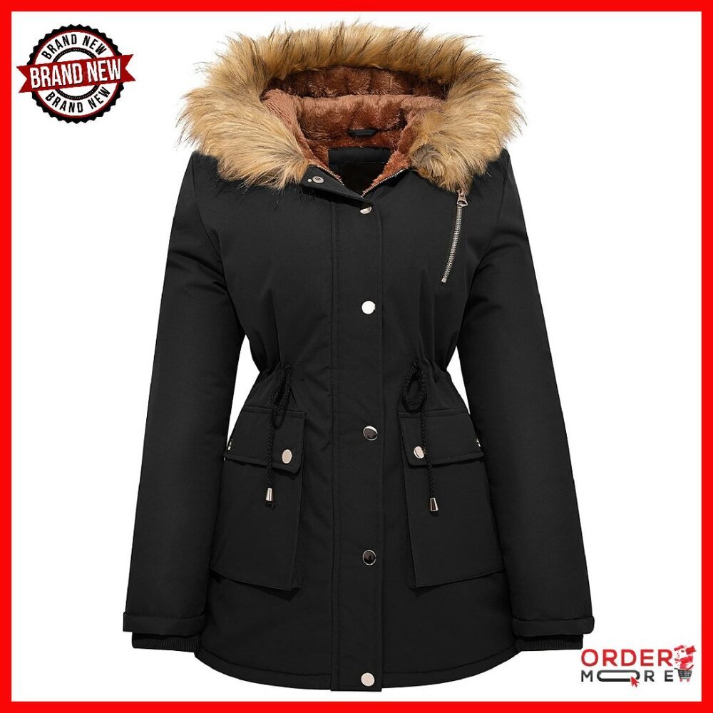 Winter Water Repellent Puffer Jacket Fleece Lined Parka With Fur Hood
